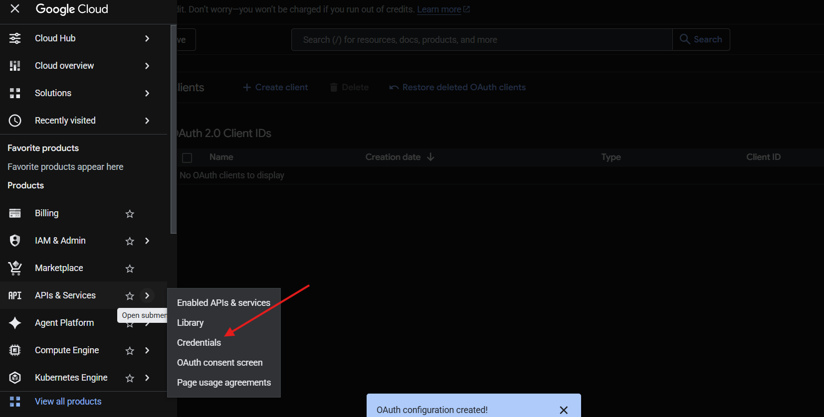 Open credentials page