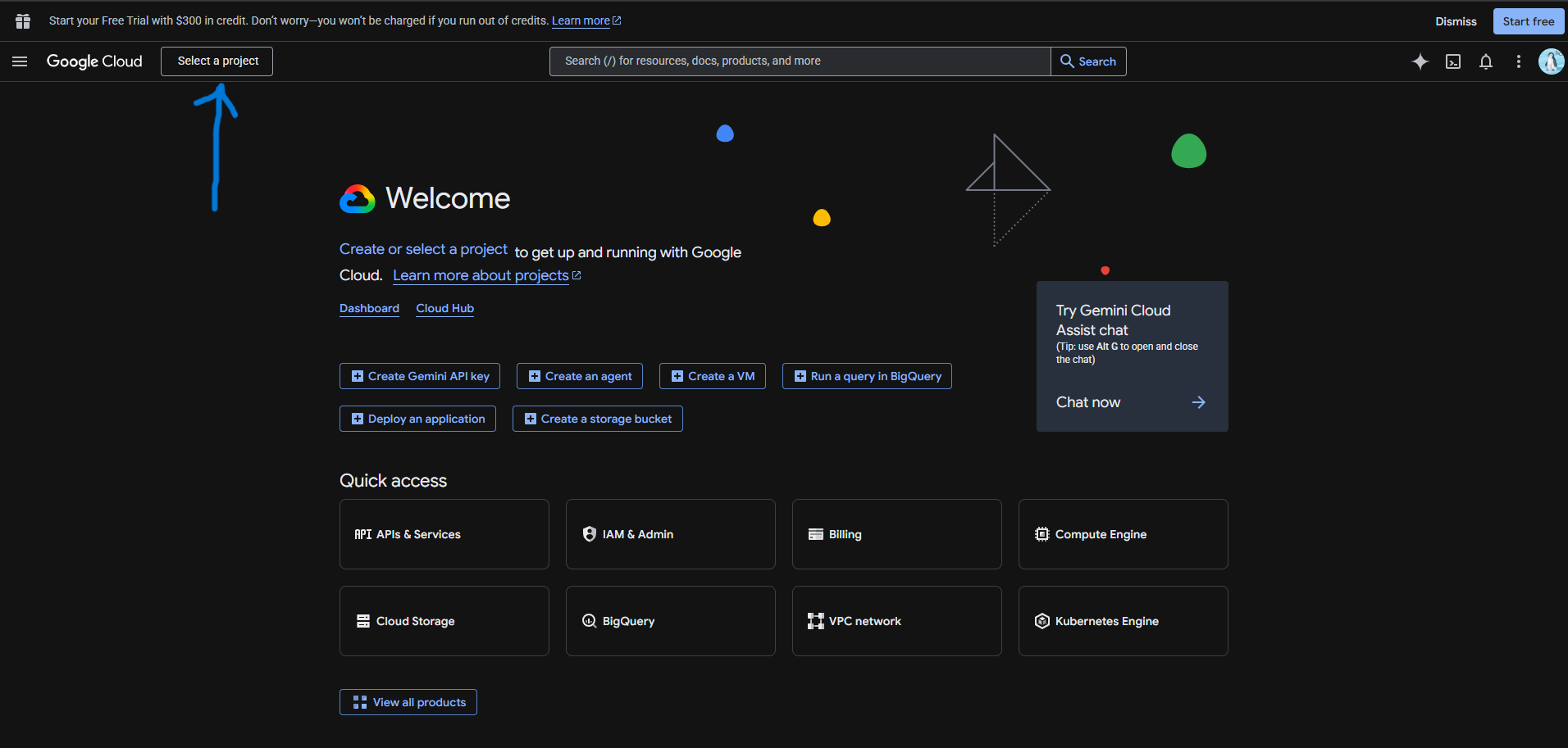 Select project dropdown in Google Cloud Console
